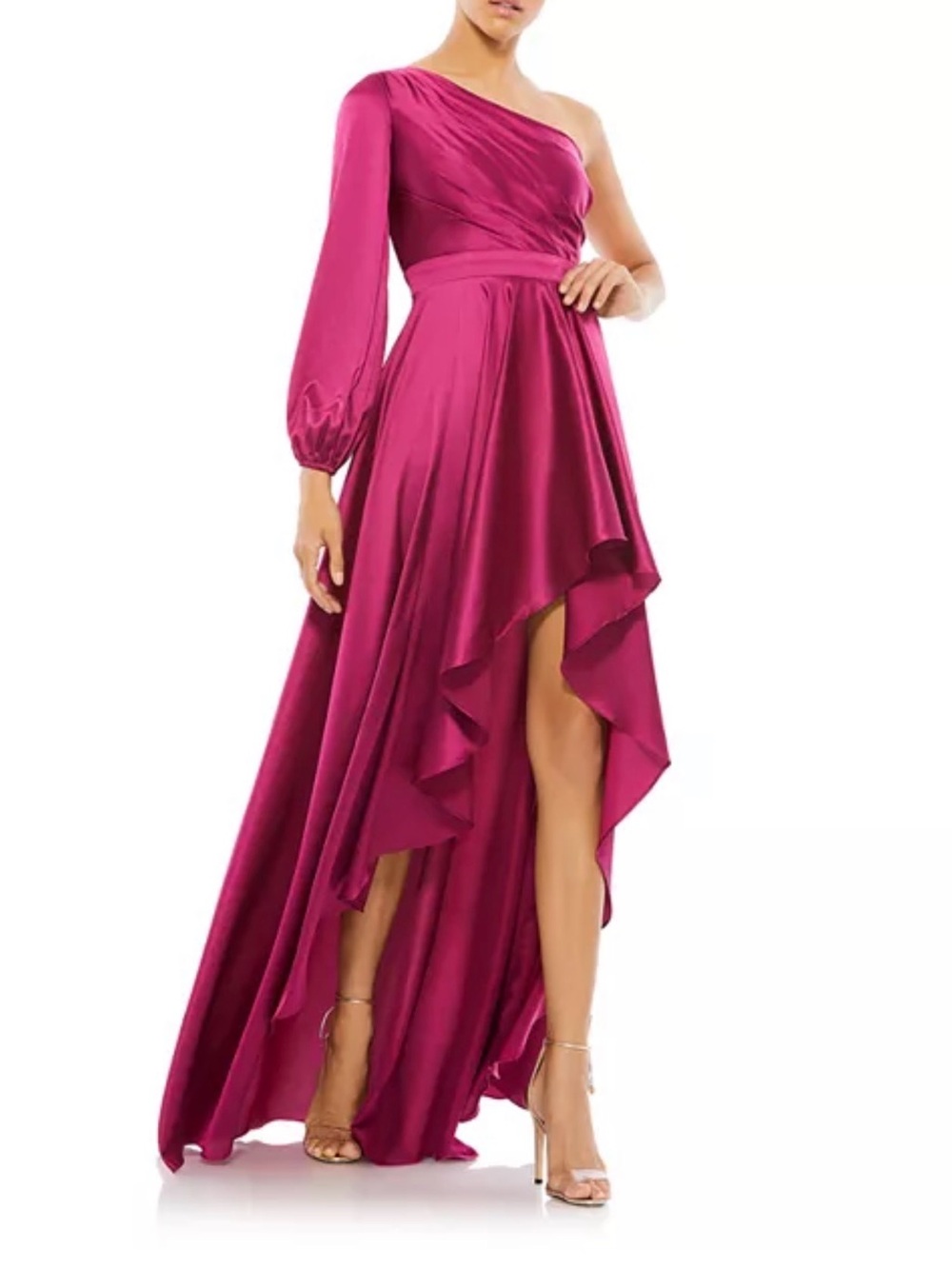 Mac Duggal 49141 Berry One-Shoulder Fuchsia High-Low Satin Gown NWT
